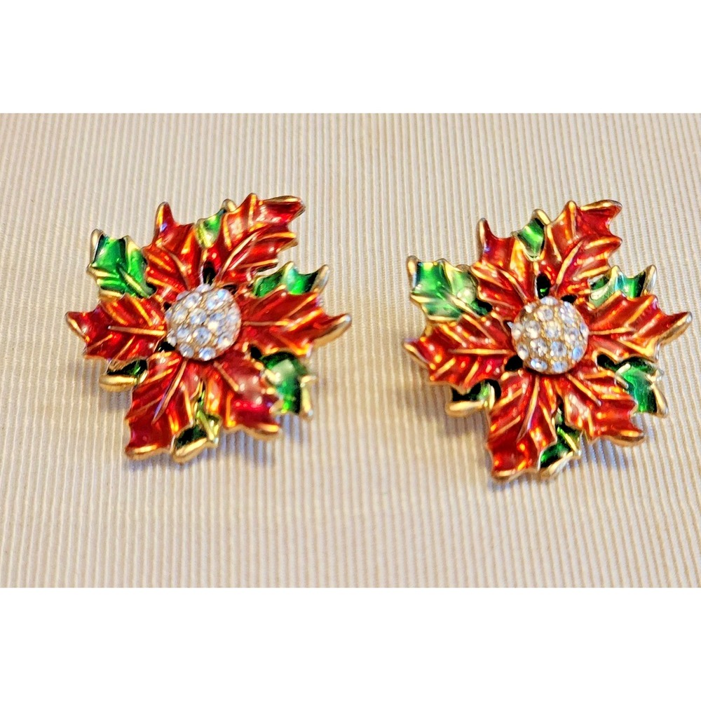 Poinsetta Red and Green Clip Holiday Earrings with Rhinestone Center